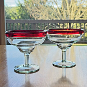 Margarita Glasses Red Rim Mexican Hand Blown Thick Glass Set Of 2 Barware 10 oz